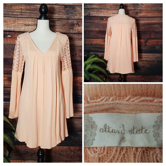 Altar'd State Dresses & Skirts - Altar'd State Peasant Dress Small Peach Pink Sheer Lace Bell Sleeves Lined